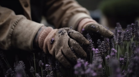 Hands of a gardener cut lavender inflorescences. Generative AIの素材