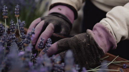 Hands of a gardener cut lavender inflorescences. Generative AIの素材