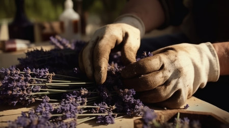 Hands of a gardener cut lavender inflorescences. Generative AIの素材