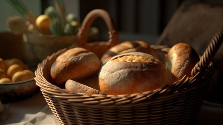 Healthy bread in a wicker basket on the kitchen table. Generative AIの素材