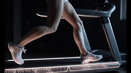 Legs of two girl friends working out on treadmill. Legs of two girl friends working out on treadmill.の素材