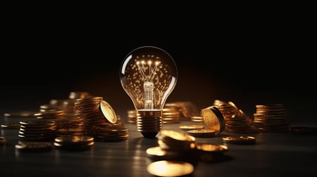 light bulbs on gold coins, saving money. Generative AIの素材