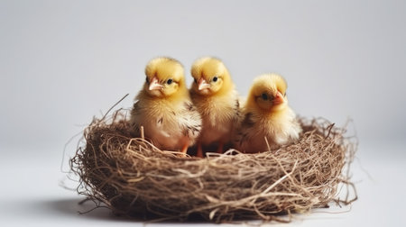 little yellow chicks in a nest on a white background. Generative AIの素材