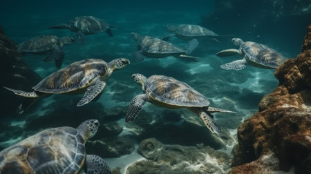 Many sea turtles in the ocean. Generative AIの素材