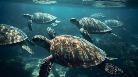 Many sea turtles in the ocean. Generative AIの素材