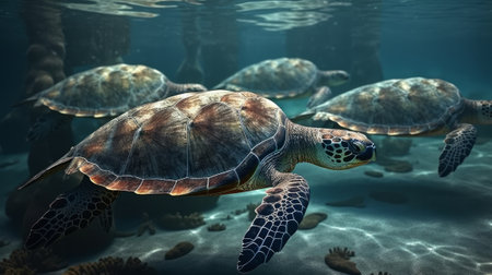 Many sea turtles in the ocean. Generative AIの素材