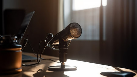 Microphone for podcasts at computer desk close-up. Generative AIの素材