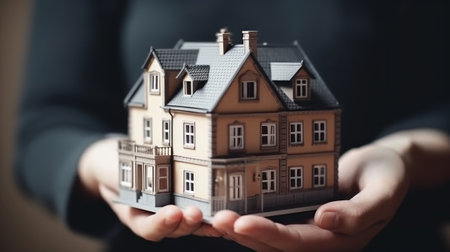Hand holding a house. New offers in the real estate market. Generative AIの素材