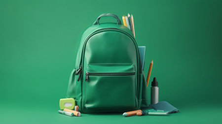 Opened School backpack with stationery on green background. Generative AIの素材