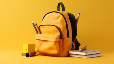 Opened School backpack with stationery on yellow background. Generative AIの素材