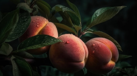Peaches grow on a tree. Generative AIの素材