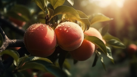 Peaches grow on a tree. Generative AIの素材