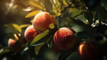 Peaches grow on a tree. Generative AIの素材