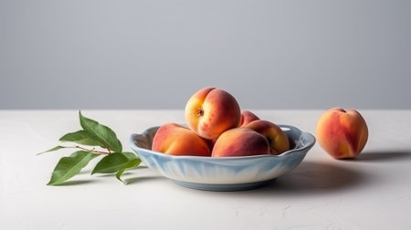 Peaches lie in a plate top view on a white background. Generative AIの素材