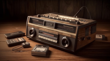 Retro outdated portable cassette tape recorder. Generative AIの素材
