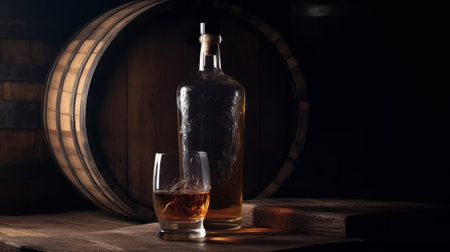 Scotch whiskey bottle glass and old wooden barrel. Generative AIの素材