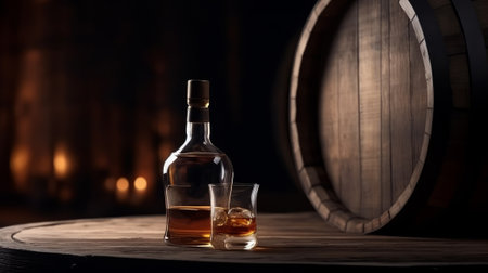 Scotch whiskey bottle glass and old wooden barrel. Generative AIの素材