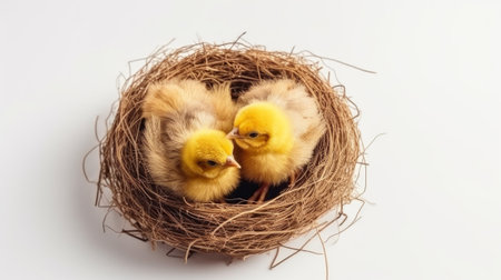 little yellow chicks in a nest on a white background. Generative AIの素材