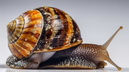 Snail with a shell on a white background close-up. Generative AIの素材