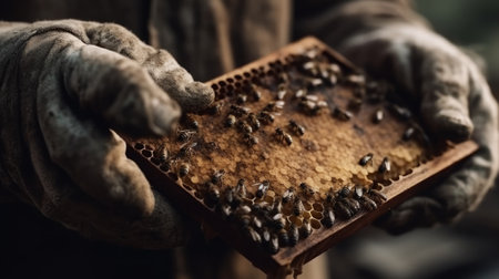 The beekeeper holds a honey cell with bees in his hand. Generative AIの素材