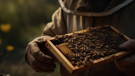 The beekeeper holds a honey cell with bees in his hand. Generative AIの素材