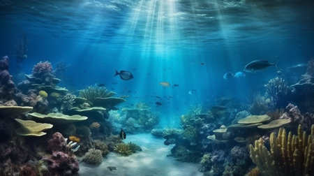 Underwater ocean with its inhabitants. Generative AIの素材