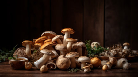 Various fresh forest mushrooms on a wooden plank. Generative AIの素材