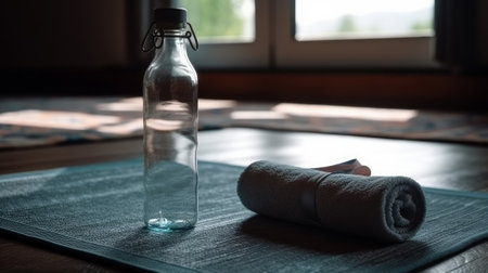 Blue yoga mat. Bottle water. Generative AIの素材