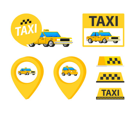 Set Taxi map pointer, Car and Car Roof Sign. Taxi serviceのイラスト素材