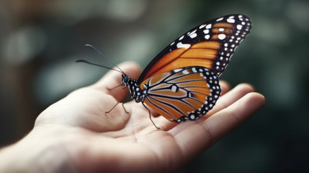 butterfly flies by hand. Generative AIの素材