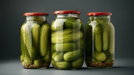 Canned vegetables cucumber in glass jars on grey background. Generative AIの素材
