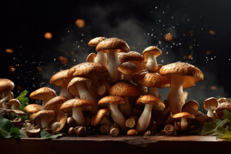 Variety of raw mushrooms on wooden table. Generative AIの素材