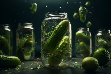 Canned vegetables cucumber in glass jars on grey background. Generative AIの素材
