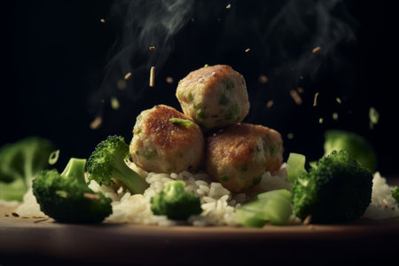 Chicken meatballs with broccoli and rice. Generative AIの素材