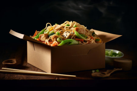 Asian noodles with chicken. Chinese noodles. Generative AIの素材