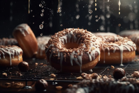 Delicious dark and white chocolate donuts on black background. Generative AIの素材