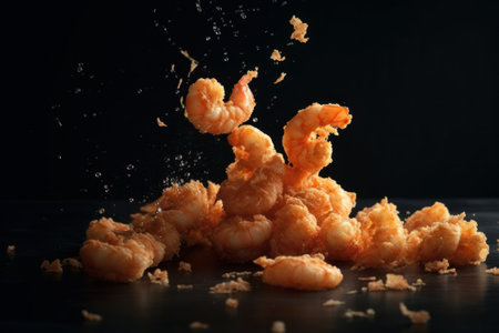 Fried shrimp fall on the table. Generative AIの素材