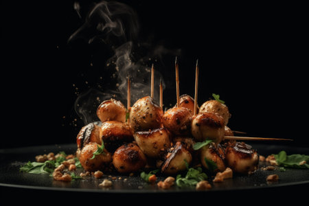 Grilled mushroom on dark background. Generative AIの素材
