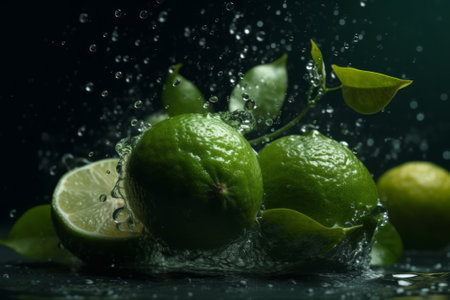Fresh lime fruit with leaf on black backgroun. Generative AIの素材