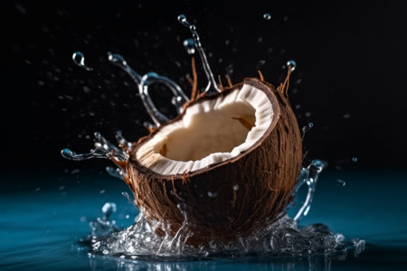 Opened coconut on a wooden background. Generative AIの素材
