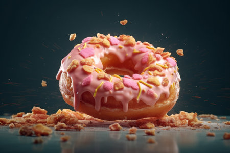 Delicious pink donuts on black background. Generative AIの素材