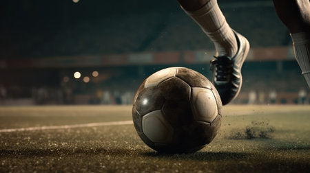Foot kicks a soccer ball on the football field close-up. Generative AIの素材