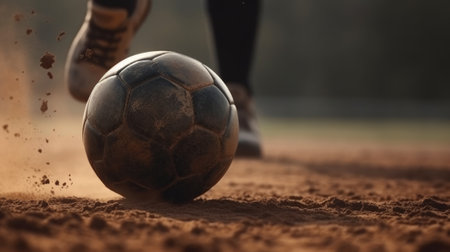 Foot kicks a soccer ball on the football field close-up. Generative AIの素材