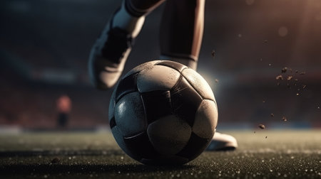 Foot kicks a soccer ball on the football field close-up. Generative AIの素材