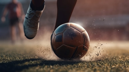 Foot kicks a soccer ball on the football field close-up. Generative AIの素材