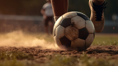 Foot kicks a soccer ball on the football field close-up. Generative AIの素材
