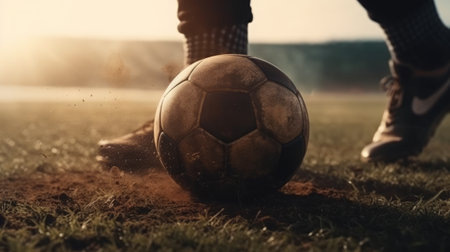 Foot kicks a soccer ball on the football field close-up. Generative AIの素材