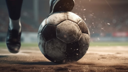 Foot kicks a soccer ball on the football field close-up. Generative AIの素材