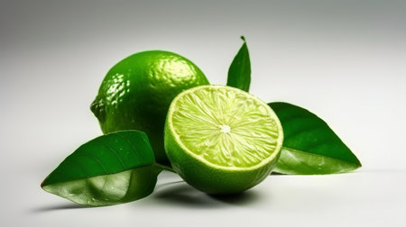 Fresh lime fruit with leaf isolated on white backgroun. Generative AIの素材