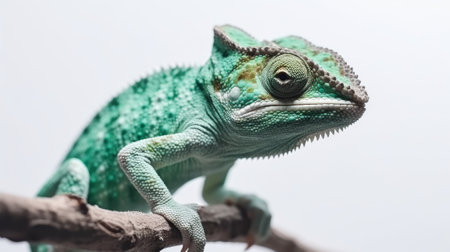Green chameleon on a branch on white background. Generative AIの素材